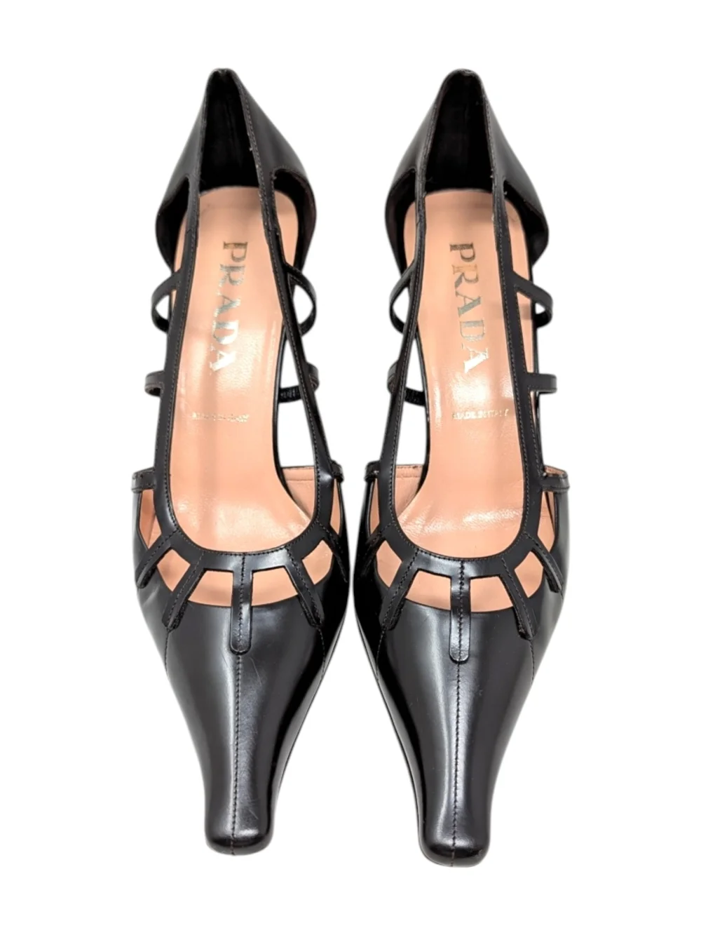 Prada Vintage Cutout Lattice Bondage Pointed Toe Kitten Heel Pump Brown 38.5 | 8
